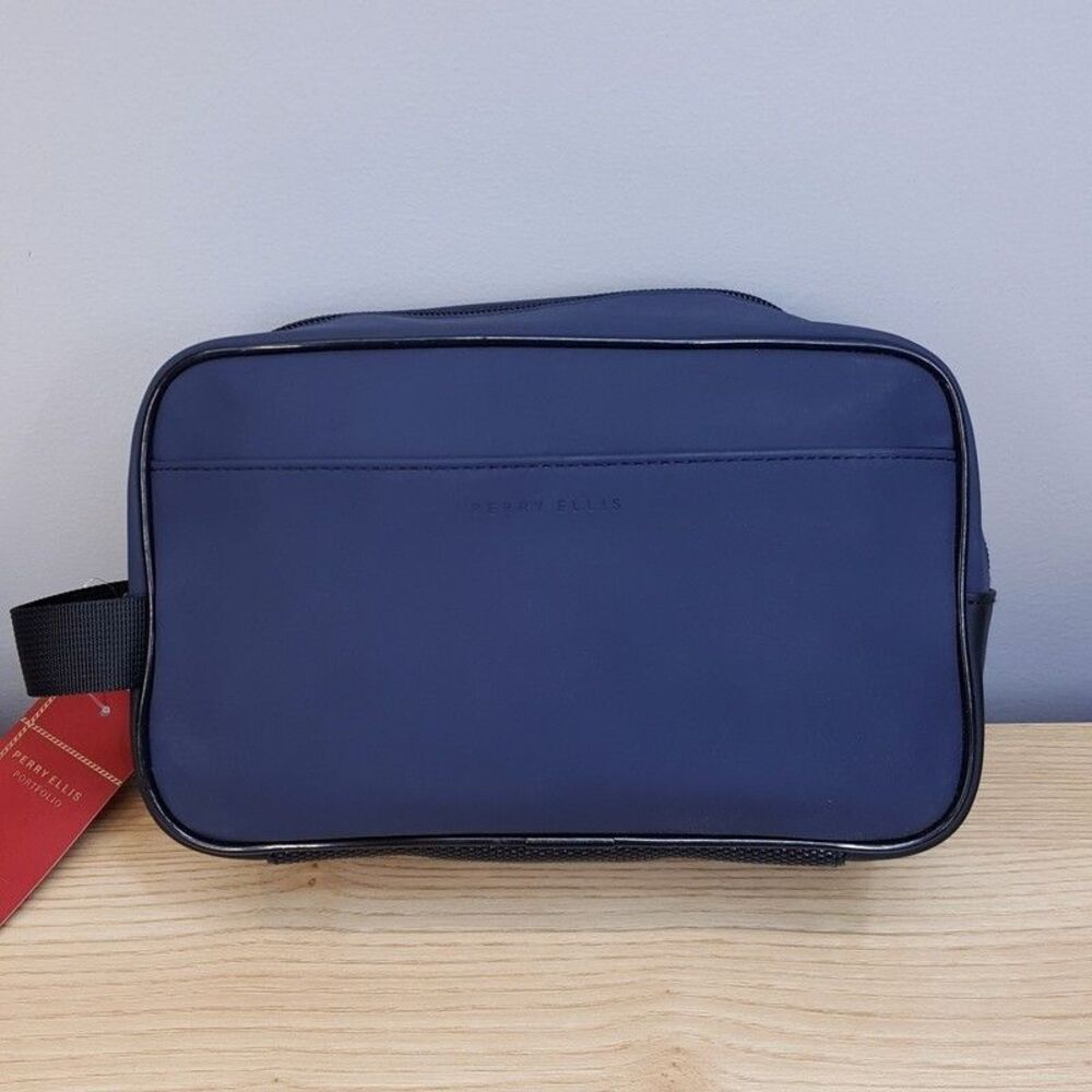 PERRY ELLIS Mens Blue Zip Case Travel Shave Toiletry Kit Bag Pouch